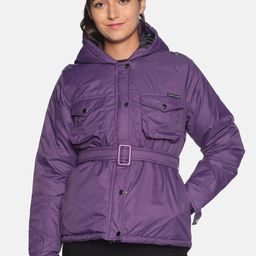 Campus Sutra Women Purple Windcheater Puffer Longline Hooded Jacket-image-90