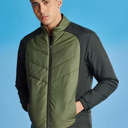 Red Flame Colourblocked Mock Collar Padded Jacket-image-45
