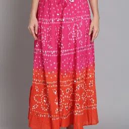 SOUNDARYA Women Pink Printed Pure Cotton Flared Bandhej Maxi Skirt-picture-1