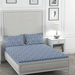 ROSARA HOME Navy Blue & White Floral Pure Cotton 200 TC Queen Bedsheet with 2 Pillow Covers-14