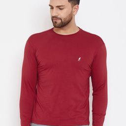 HARBOR N BAY Men Burgundy Solid Slim Fit Cotton T-shirt-image-96