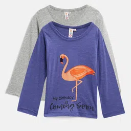 Kids On Board Girls Cotton Blue & Grey Melange Set Of 2 Printed Full Sleeve T-Shirts-11