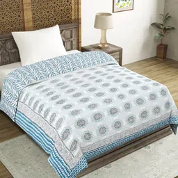 BLOCKS OF INDIA Grey & Blue Ethnic Motifs Pure Cotton Mild Winter 350 GSM Single Bed Quilt-image-53