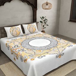JAIPUR FABRIC White & Grey Ethnic Motifs Cotton 260 TC King Bedsheet With 2 Pillow Covers-image-33