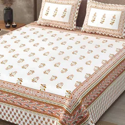 JAIPUR FABRIC White & Brown Floral Cotton 210 TC King Bedsheet With 2 Pillow Covers-image-32
