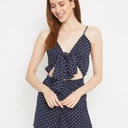 Berrylush Navy Blue & White Polka Dots Printed Cut-Out Playsuit-28