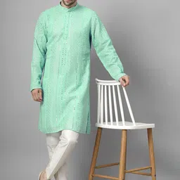 Utsav Fashion Men Floral Embroidered High Slit Mirror Work Kurta with Trousers-image-55