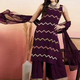 Inddus Maroon Ethnic Motifs Embroidered Thread Work Georgette Kurta With Palazzo & Dupatta-49