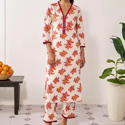 anayna Floral Printed V-Neck Lace Straight Kurta with Trousers-image-99