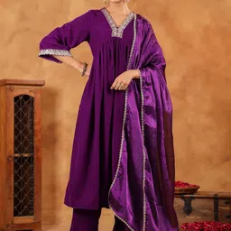 KALINI Women Floral Yoke Design Regular Sequinned Velvet Kurta with Trousers & With Dupatta-picture-46