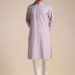 Manyavar Men Mandarin Collar Printed Kurta with Pyjamas-image-64