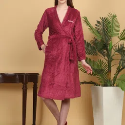 KLOTTHE Women Red Woolen Bath Robe With Belt-image-65