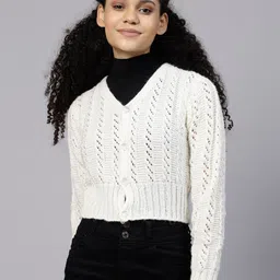 Velvery Self Design Acrylic V-Neck Crop Cardigan Sweater-picture-23