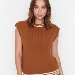 Trendyol Women Coffee Brown & White Ribbed Sweater Vest-picture-22