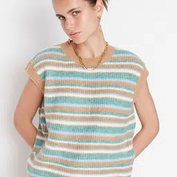 Trendyol Women Camel Brown & Blue Striped Striped Sweater Vest-picture-53
