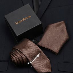 LOUIS STITCH Men Van Dyke Brown Italian Silk Necktie Accessory Gift Set-image-27