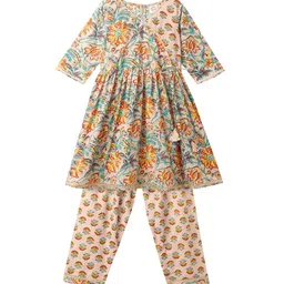 Cub McPaws Girls Multicoloured Ethnic Motifs Printed Pleated Pure Cotton Kurti with Salwar-image-6
