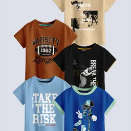 BAESD Boys Pack Of 5 Typography Printed Pure Cotton T-shirt-72