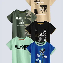 BAESD Boys Pack Of 5 Typography Printed Pure Cotton T-shirt-71