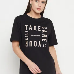 Mast & Harbour Black Typography Printed Round Neck Cotton Oversized T-shirt-picture-19