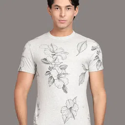 Steenbok Men Grey & Black Floral Printed Pure Cotton T-shirt-image-61