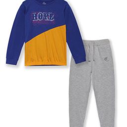KiddoPanti Girls Blue & Yellow Colourblocked Pure Cotton T-shirt with Pyjamas-picture-58