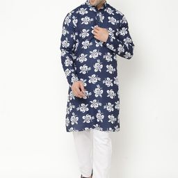 Hangup Men Navy Floral Printed Kurta with Pyjamas-28