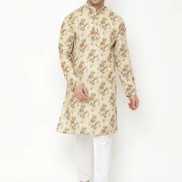 Hangup Men Beige Floral Printed Cotton Blend Kurta with Pyjamas-picture-4