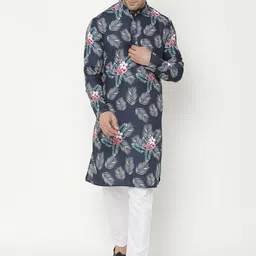 Hangup Men Navy Blue Floral Printed Kurta with Pyjamas With Jacket-10