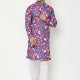 Hangup Men Floral Printed Cotton Blend Kurta with Trouser-25