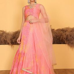 Ethnovog Geometric Printed V-Neck Sleeveless Ready to Wear Lehenga & Blouse With Dupatta-image-49