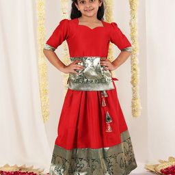 JBN Creation Girls Woven Design Puffed Sleeves Zari Ready to Wear Lehenga & Blouse-28