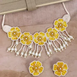 Crunchy Fashion White & Yellow Beaded Fabric Handmade Jewellery Set-58