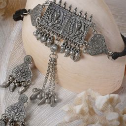 Moedbuille Silver-Plated Beaded Tasselled Oxidised Necklace and Earrings-image-30