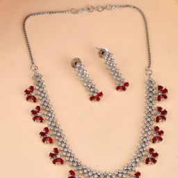 Shoshaa Gold-Plated Maroon & White CZ-Studded Jewellery Set-image-18