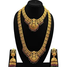 JANAVI Gold Plated Artificial Stone Studded & Beaded Necklace With Earrings-7