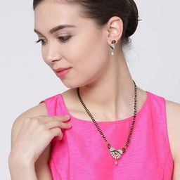 DIVASTRI Gold-Plated Stone-Studded & Beaded Mangalsutra With Earrings-picture-22