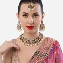 Zaveri Pearls Gold-Plated Stones-Studded & Beaded Jewellery Set-21