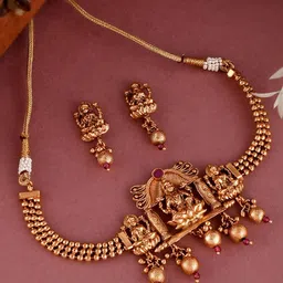 Shoshaa Gold-Plated Maroon Stone Studded Temple Jewellery Set-picture-24
