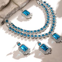 Atasi International Silver-Plated American Diamond-Studded Necklace & Earrings Maang Tika-35