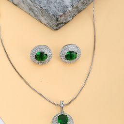 Adwitiya Collection Rhodium-Plated AD Stone-Studded Pendant & Earrings-image-52