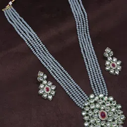 jewar mandi Jewar Gold-Plated Grey Beaded Kundan Studded Jewellery Set-picture-5