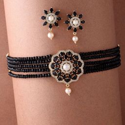 ZENEME Gold-Plated AD-Studded Beaded Jewellery Set-image-79