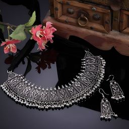 JMBW INTERNATIONAL Set Of 2 Silver-Plated Chips Design Oxidized Choker Jewellery Sets-image-56