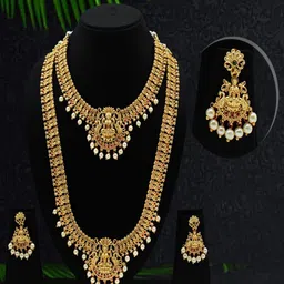JANAVI Gold Plated Artificial Stones Studded & Beaded Necklace With Earrings-image-13