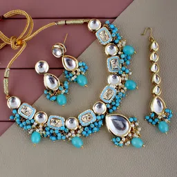 LUCKY JEWELLERY 18k Gold Plated Kundan Studded Necklace and Earrings With Maangtika-picture-47