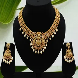 JANAVI Gold Plated Artificial Stones Studded & Beaded Necklace With Earrings-35