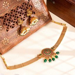 Yellow Chimes Gold-Plated Stone-Studded & Beaded Jewellery Set-image-17