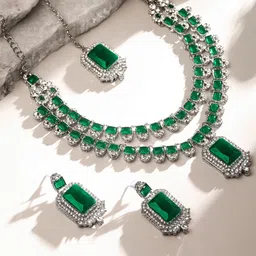 Atasi International Rhodium-Plated Emerlad Style AD-Studded Necklace & Earrings Maang Tika-55