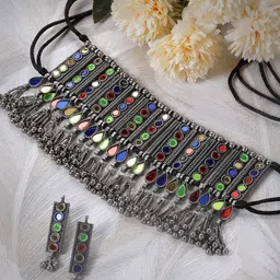 Moedbuille Silver-Plated Mirror Studded Tasselled Oxidised Necklace and Earrings-34